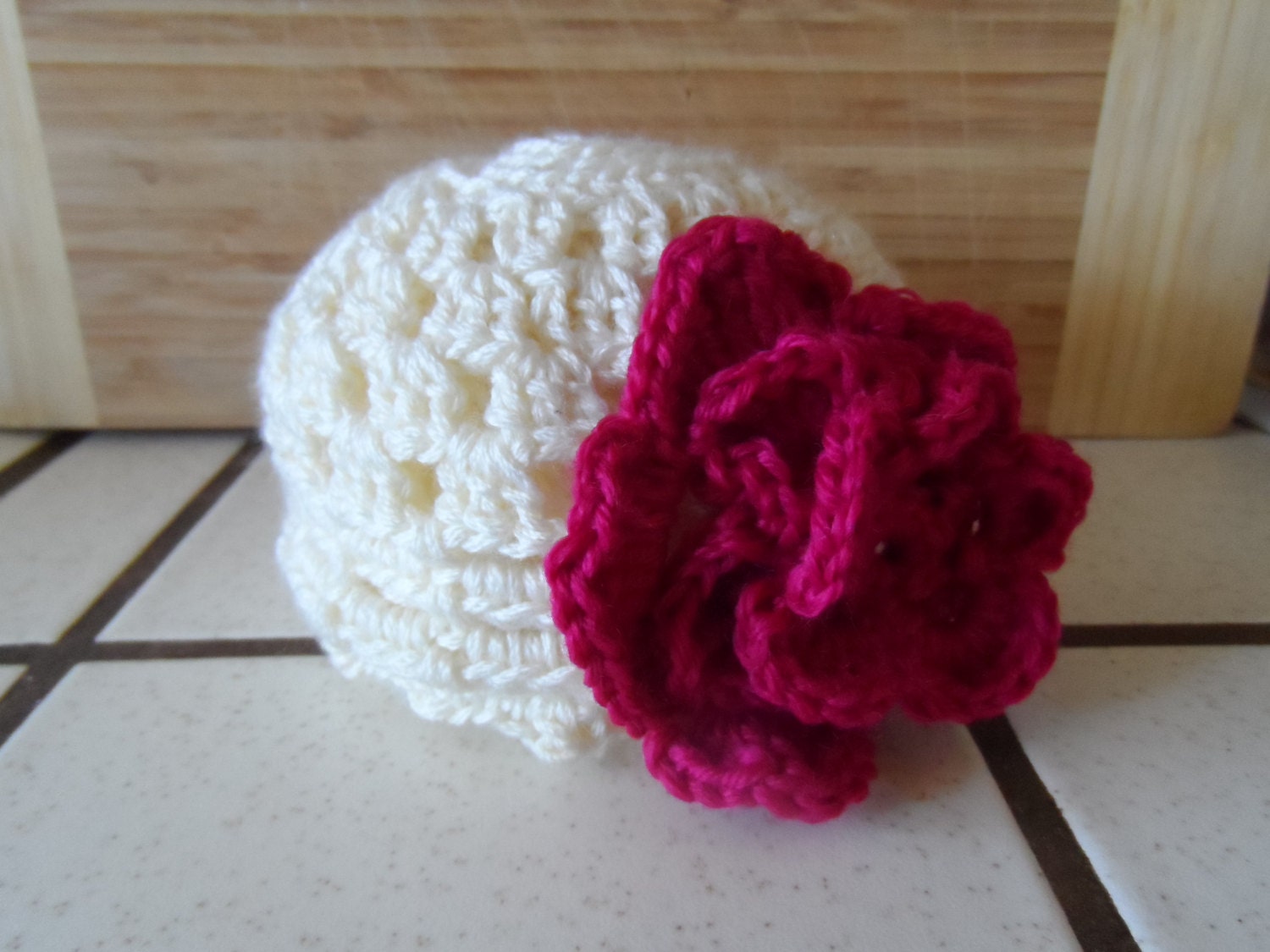 Sweet Cream Crocheted Baby Infant Hat With Dark Pink Flower