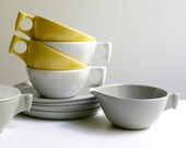 Vintage Melamine Cups Saucers with Creamer & Sugar Bowl - Mix and Match Yellow, White, Gray