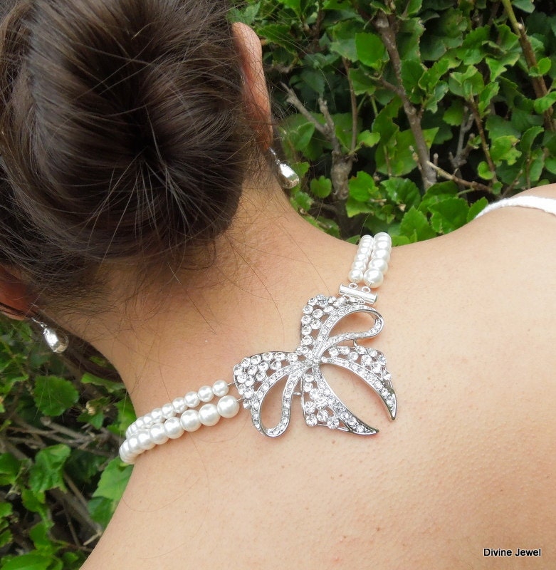 Bridal Wedding Necklace,Bridal Rhinestone Necklace,Ivory or White Pearls,Statement Bridal Necklace,Rhinestone Bow Necklace,Pearl,Bow, HARPER