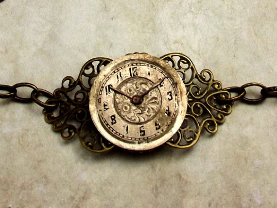 Steampunk Clock Bracelet Watch Face, Victorian Style Antiqued Brass Chain