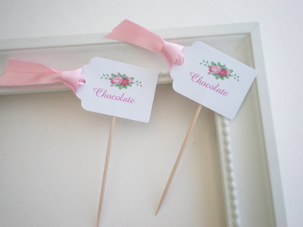 White Customised Vintage Rose Cupcake Picks - Tea Party Decorations - Set Of 10