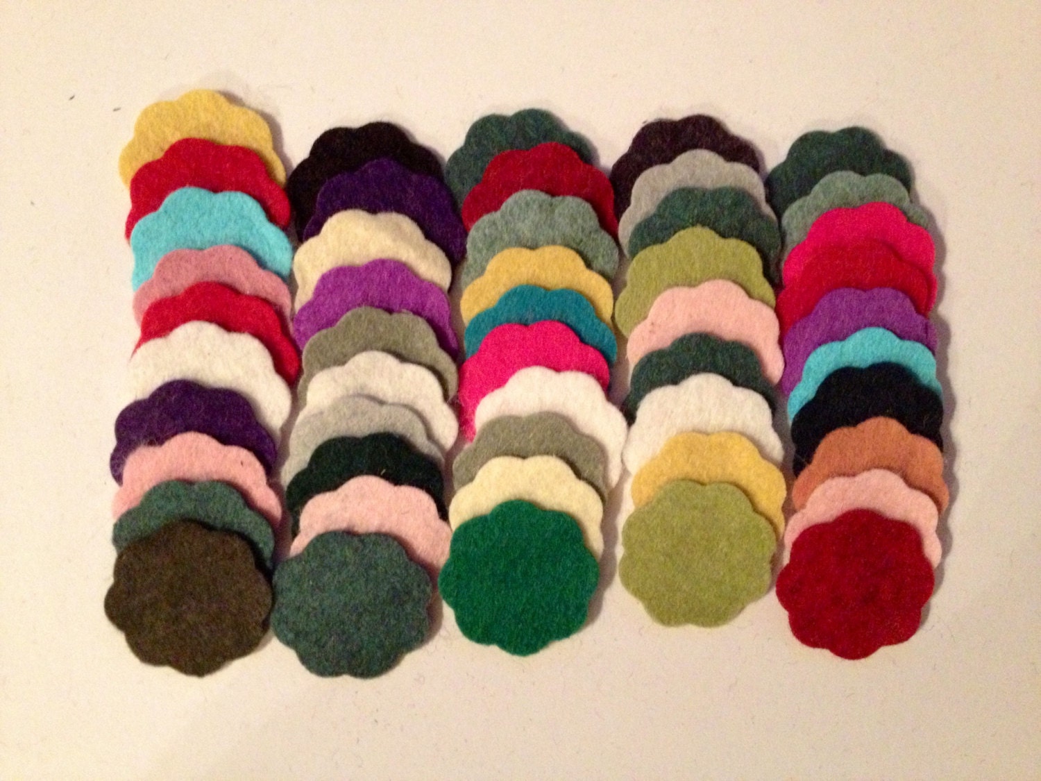 Wool Felt Scallops 50 total - 1 1/8" Random Colored. 1752