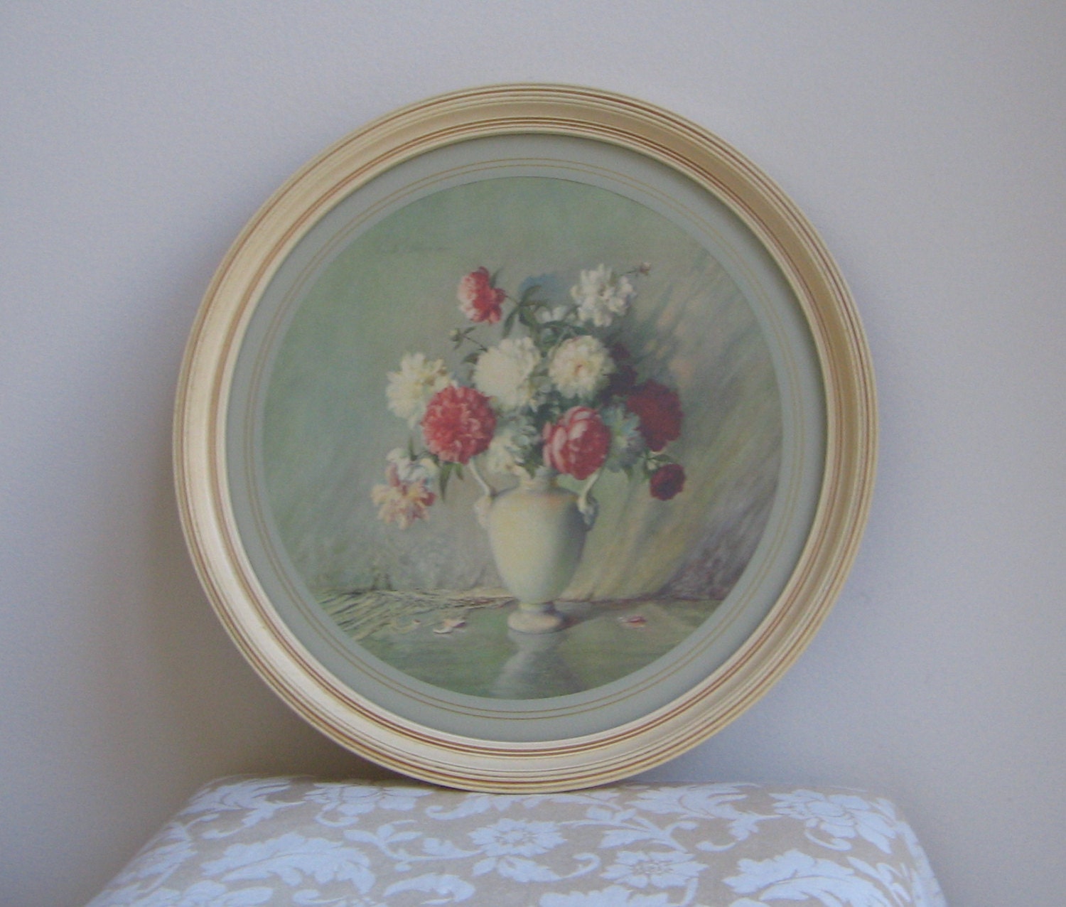 Vintage Floral Still Life by Carle J. Blenner 1930's Wall Art Print Lithograph, Flowers Vase Cream Round Wood  Frame AMAZING