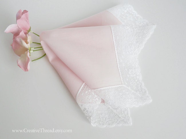 Soft Pastel Pink Wedding Handkerchief with White Vintage English Lace - Heirloom Bridal Hankie - Elegant - Romantic - Delicate