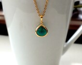 Emerald Green Glass Stone Necklace with Gold Filled Chain - Available in Silver, May Birthstone, Romantic Bridesmaids Jewelry,