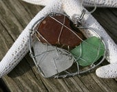 Sea Glass Trio Amber Brown, Green and  White Heart Necklace Beach Glass