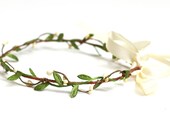 wild flower hair wreath - 'pixie' wedding headpiece, headband, vintage inspired leaf crown, dainty small ribbon tie.