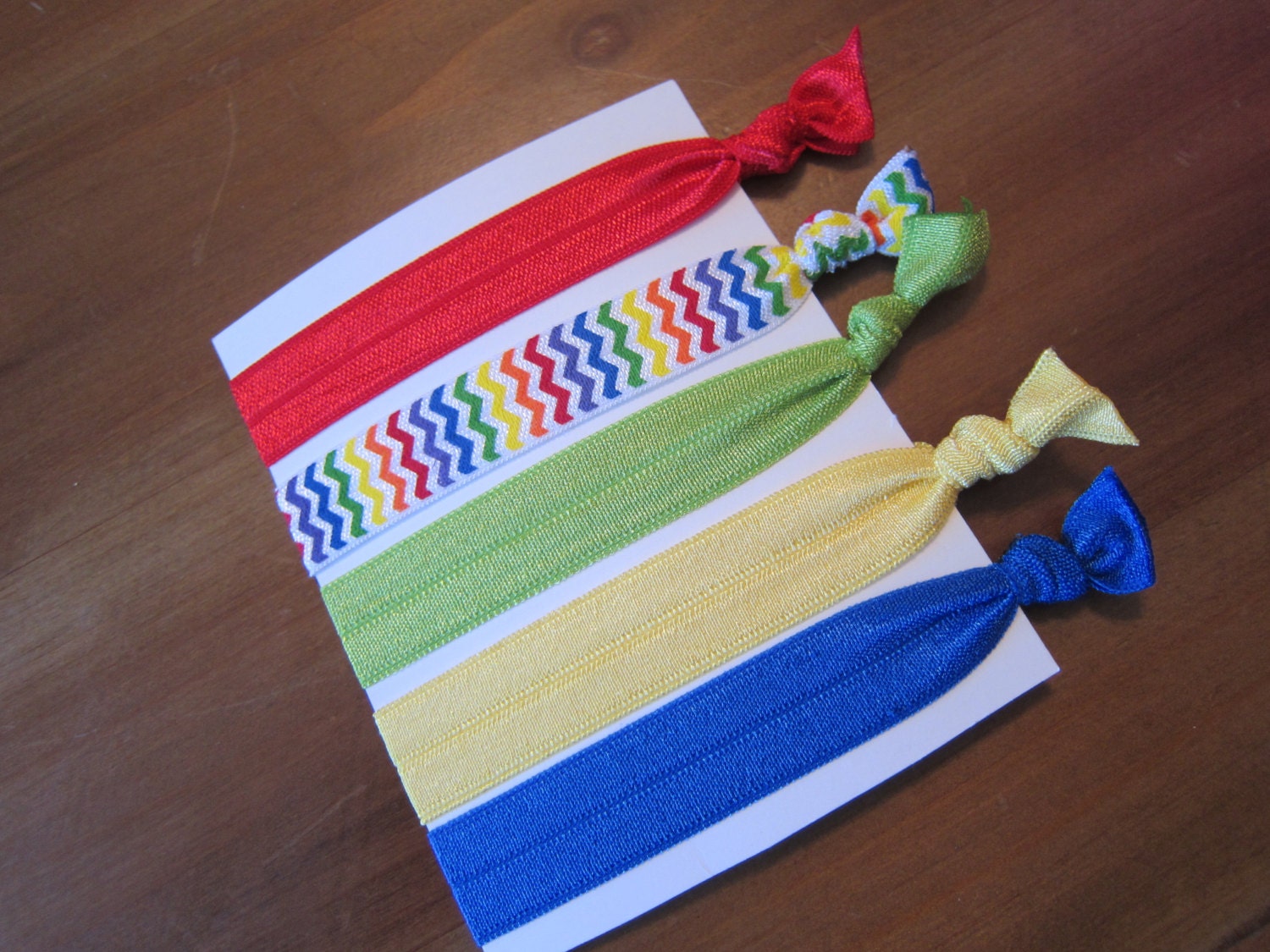 Set of Five (5) Soft Elastic Ponytail Holders Hairties Rainbow Chevron, Solid Blue, Solid Red, Solid Yellow and Solid Green