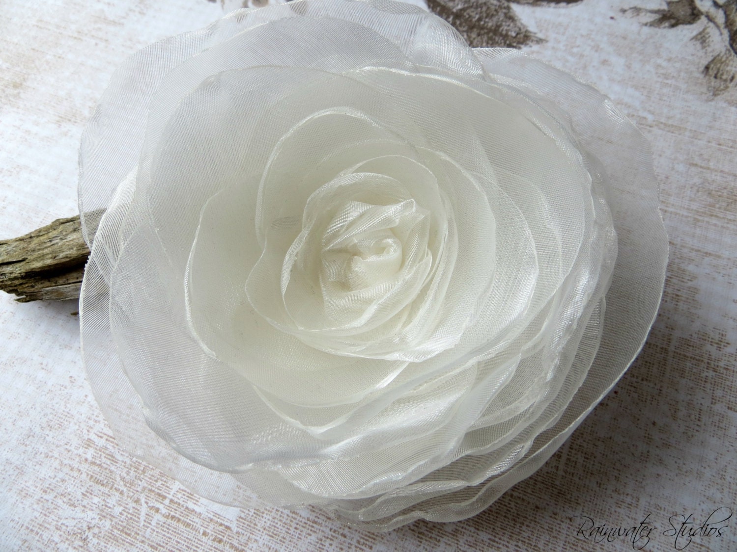 Wedding Hair Flower - Ivory Organza Double Rose Hair Flower, Bridal Accessory, Made To Order
