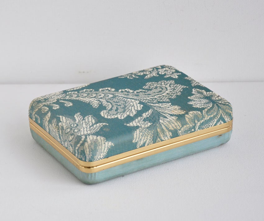 Vintage 60s Green Teal Brocade Jewelry Case Box Mother's Day Gift