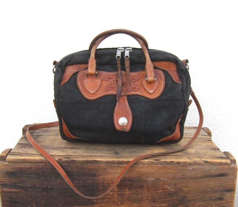 Vintage Black Nylon and Cognac Tooled Leather Zip Around Tote w/Shoulder Strap