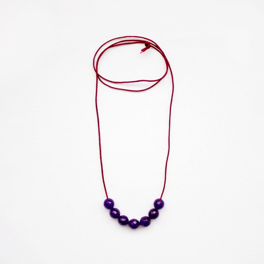 Minimal Cord Necklace - maroon cord necklace with purple multifacted beads - minimal everyday jewellery