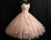 Vintage 1950's 50s Bombshell STRAPLESS Emma Domb Pink Tulle Lace Butterflies Circle Skirt Party Prom Wedding DRESS Gown Formal