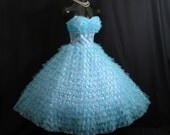 Vintage 1950's 50s STRAPLESS Bombshell Turquoise Blue Silver Metallic Tulle Lace Party Prom WEDDING Dress Gown