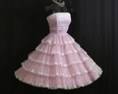 Vintage 1950's 50s Bombshell Strapless Lilac Lavender Tiered Chiffon Organza White Lace Circle Skirt Party Prom Wedding Dress Gown