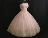 Vintage 1950's 50's STRAPLESS Pink Ivory Flocked Floral Chiffon Organza Taffeta Party Prom Wedding Bridal Dress Gown RARE Larger Size