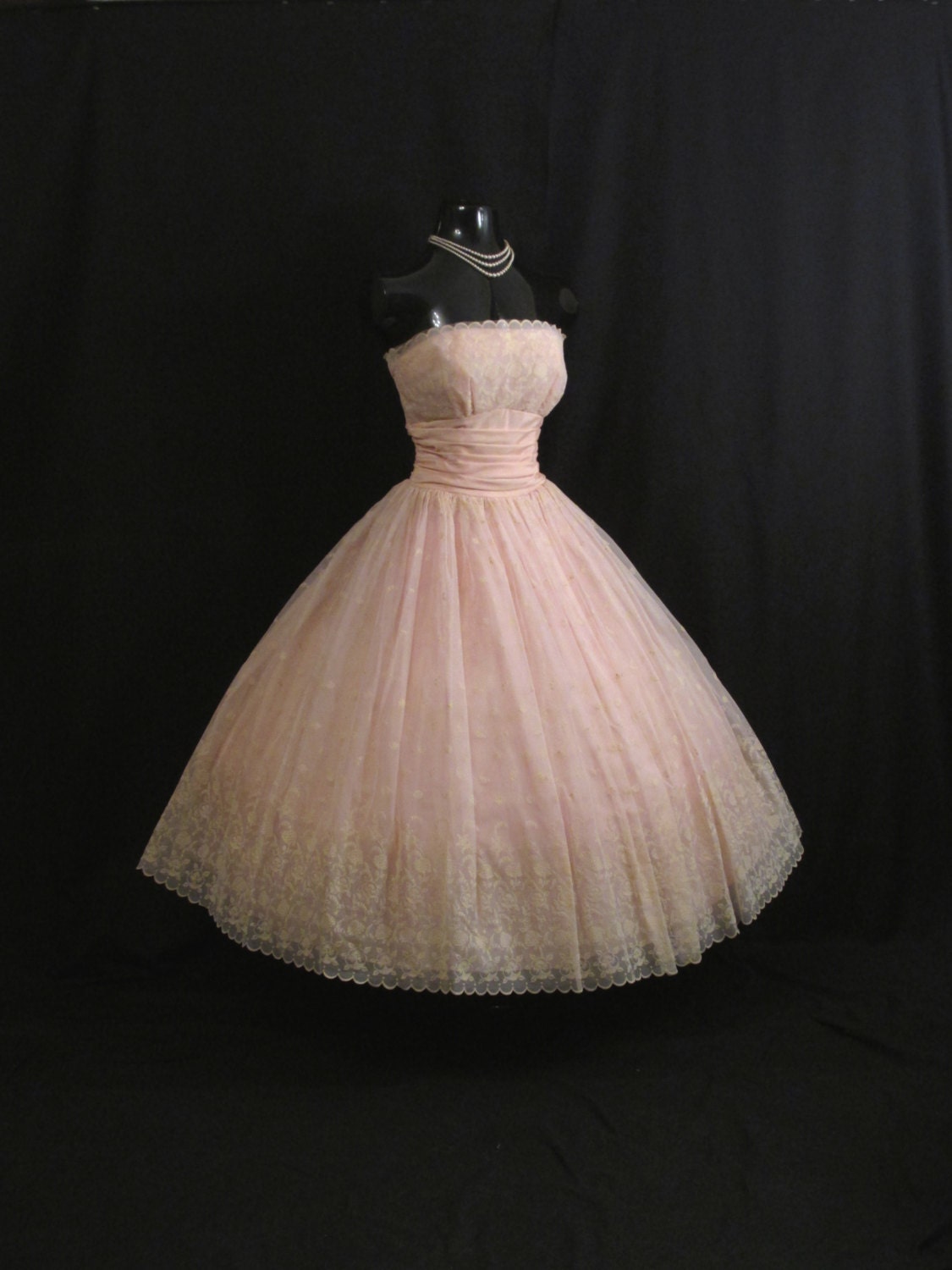 Vintage 1950's 50's STRAPLESS Pink Ivory Flocked Floral Chiffon Organza Taffeta Party Prom Wedding Bridal Dress Gown RARE Larger Size
