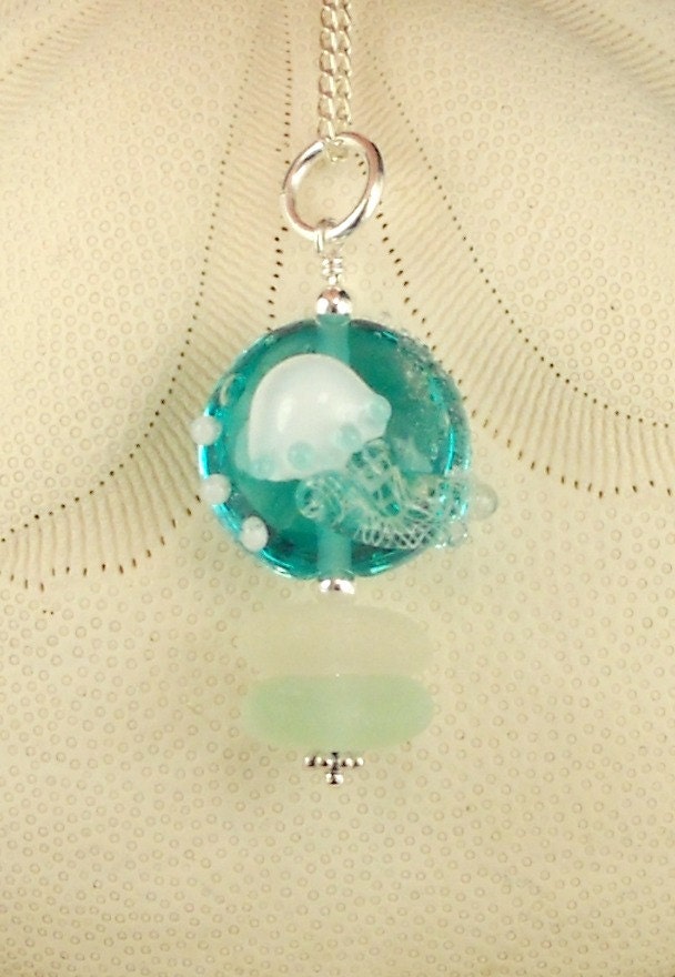 Eco Friendly Jellyfish Pendant Aqua Sea Glass Necklace