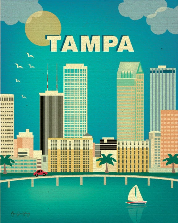 Tampa, Florida Skyline - Travel Poster of Tampa Bay for home, office, gift, and children's rooms. style E8-O-TAM