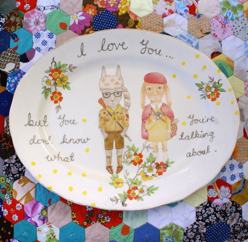 I Love You But..Moonrise Kingdom Bunnies Floral Vintage Illustrated Large Plate