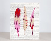 Feather Study No. 1, Pink and Gold Ikat Feathers Over a Vintage Book Page Background, Nature Study, Natural History, Original Collage 8x10