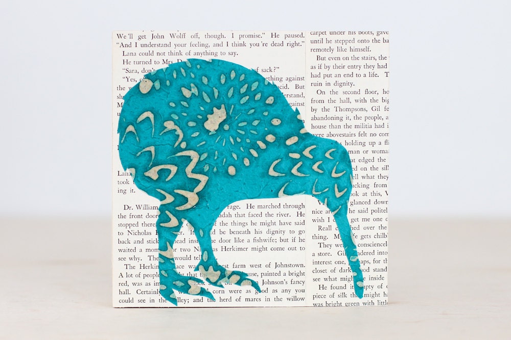 Teal Kiwi Bird Over Vintage Book Pages, Bird Art, Exotic Animal Art, Tuquoise Kiwi Over Vintage Text,Original Collage on a 6"x6" Birch Panel
