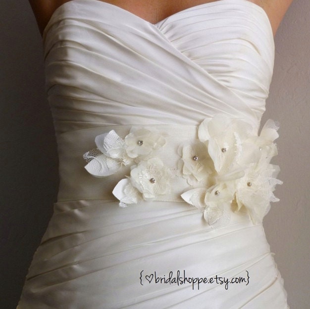 Wedding Sash Bridal Belt Julie - Ivory Lace, Organza and Satin flowers on a 3" Ivory Satin Ribbon