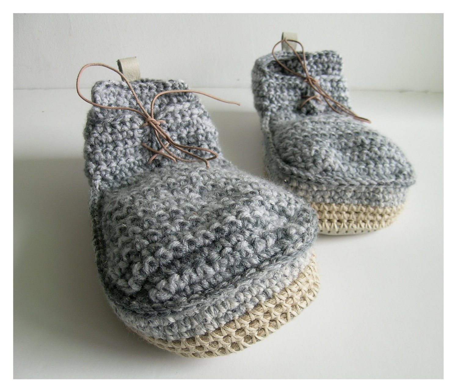Crochet House Shoes with Leather Sole in light grey - all adult shoe sizes
