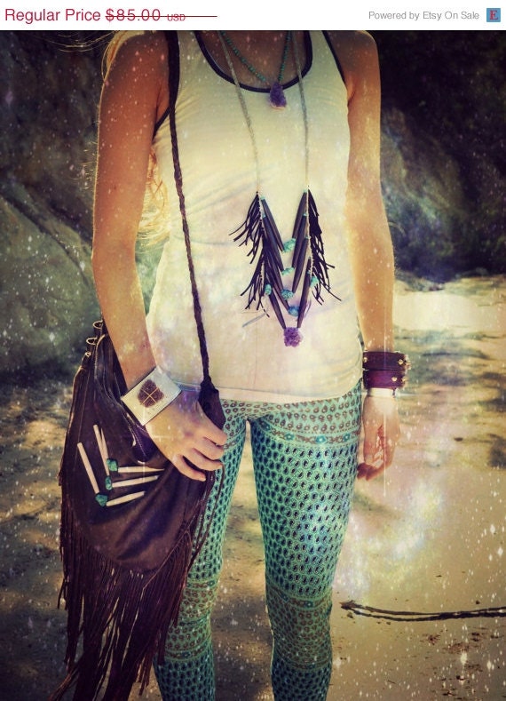 MEMORIAL DAY SALE Boho Soul Leather Fringe Bohemian Tribal Breast Plate Bone Turquoise Amethyst Earthy Necklace