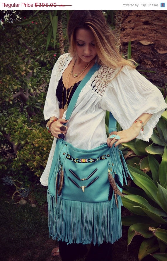 MEMORIAL DAY SALE Native Nomad Weekend/Tote Boho Bag /// Turquoise /// Large Leather Fringe Tote Tribal Bag /// Ready to Ship