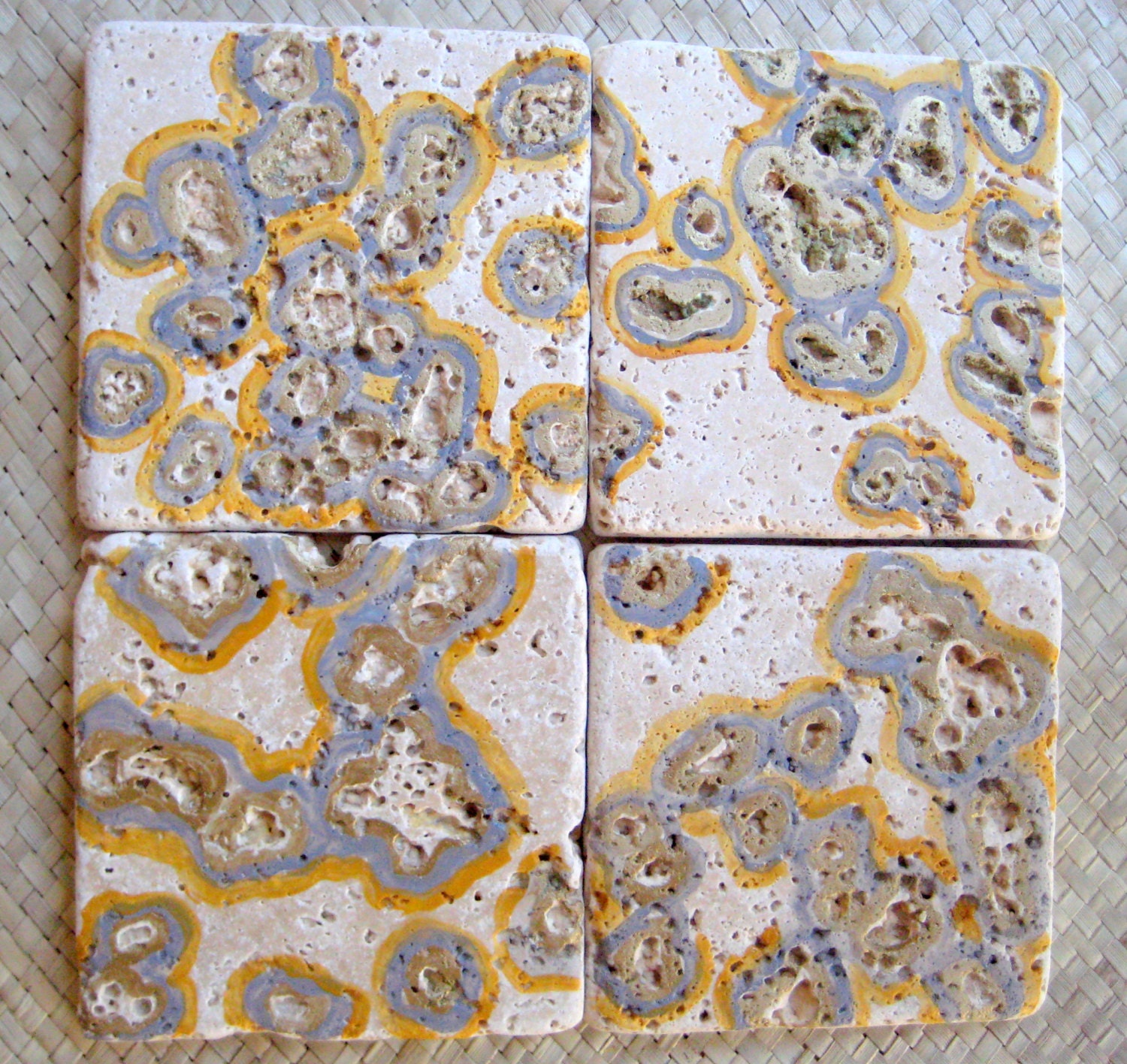 TILE COASTERS HANDPAINTED modern gray bronze ochre- set of 4