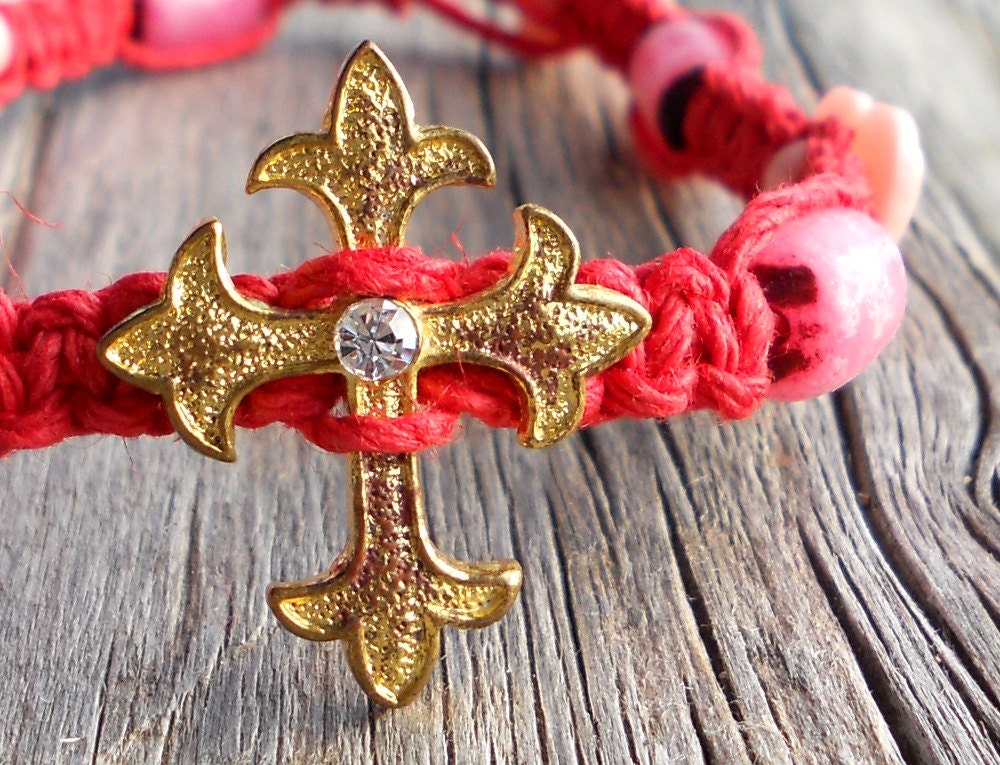 Cross Anklet Hemp Red And Pink Hearts Bohemian Hippie Jewelry Christian Woman's Accessory - Real Love -