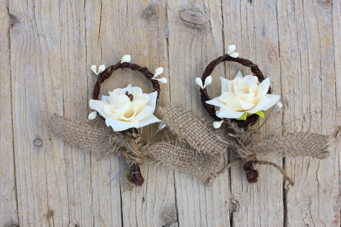RUSTIC BURLAP BOUTONNIERES - Set of 2 Wedding Bouttonieres Buttonhole Rustic Burlap Flower- Men