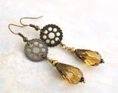 Amber Steampunk Earrings - amber crystal beads hanging from brass gears - Victorian Jewelry