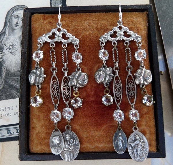 SALE:  Religious Assemblage Chandelier Earrings, Talismans for the Passionate, by RusticGypsyCreations