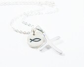 simple sterling cross hand hand stamped fish Ichthys charm necklace