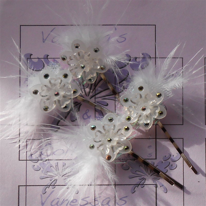 Hair Pins, White Crystal Flowers with Feathers - Prom, Wedding Hair Accessories - Rhinestone, Feather, Flower Bobby Pin