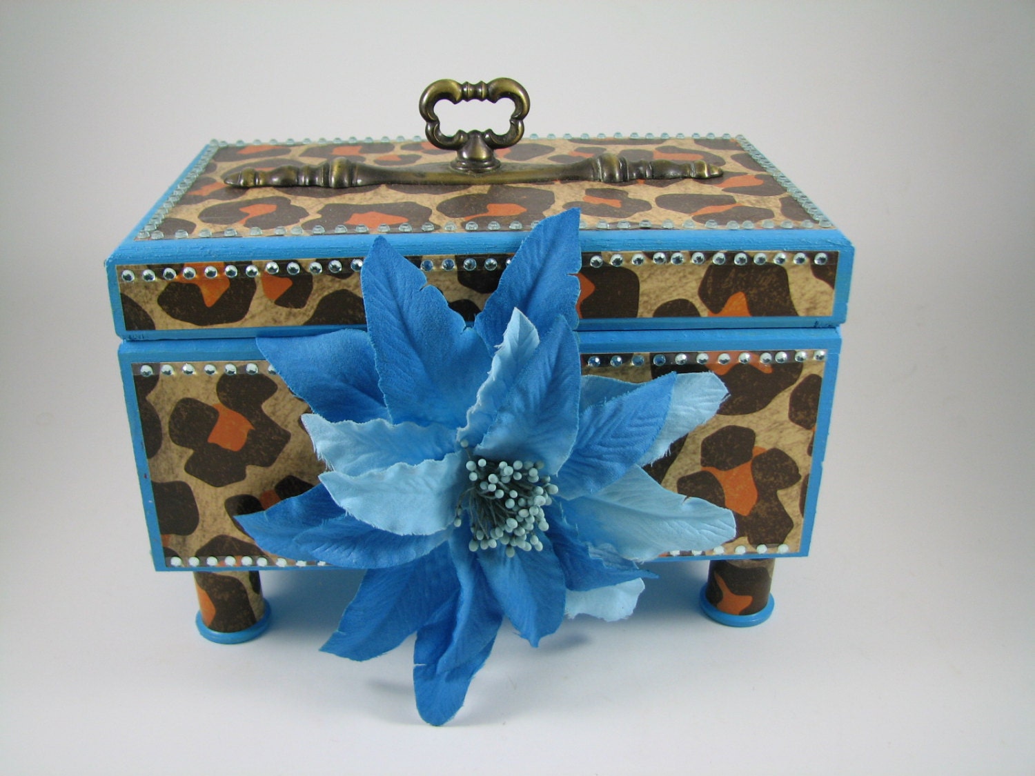 Leopard Print Jewelry box with blue flowers and accent bling