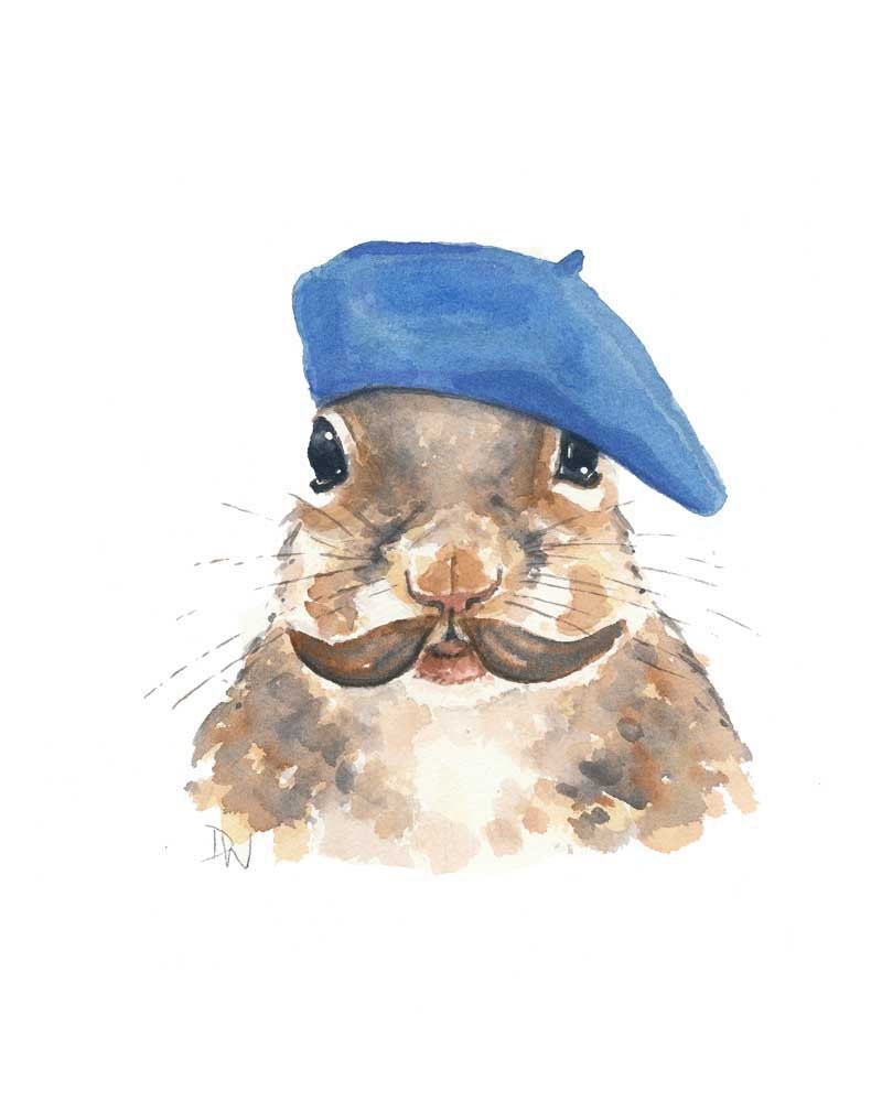 Squirrel Watercolor Original Painting, French Squirrel, French Beret, Mustache, 8x10 painting