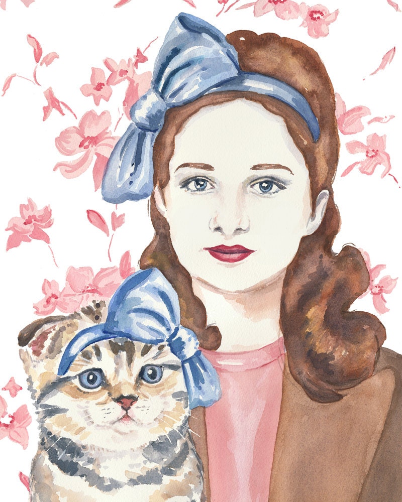 Watercolor Portrait PRINT - Scottish Fold Cat, Woman Watercolour, 11x14 Painting Print
