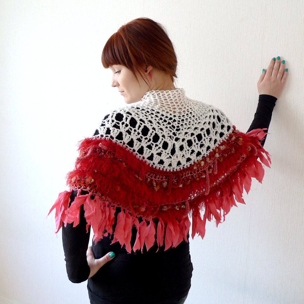 bohemian womens poncho / cape, fringed  - lacy clothing - off-white, coral, pomegranate, red -  freeform crochet - wool with upcycled silk
