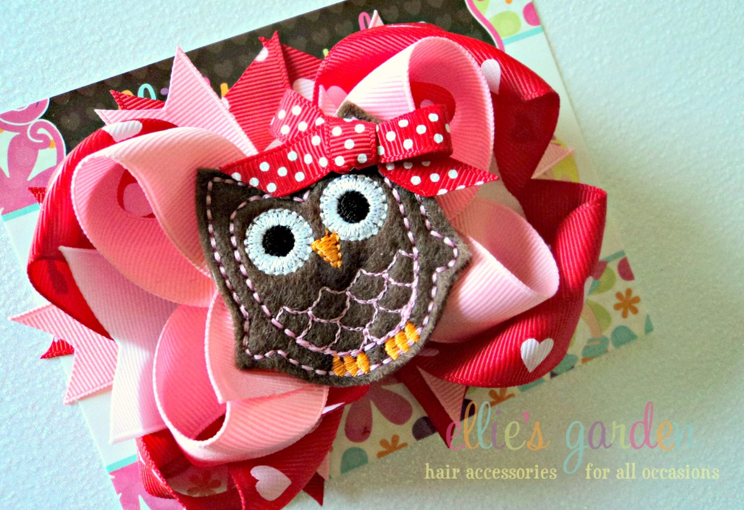 Pink and Red Valentine's Day Embroidered Owl Boutique Style Layered Hair Bow