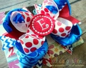 Red White and Blue Mixed Print 4th Fourth of July Monogrammed Center Boutique Style Hair Bow Houndstooth Chevron Damask Polka Dots