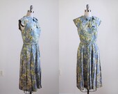 60 blue & green dress. 1960 floral print dress. m. pleated dress. bow. pastel floral dress 60s 50s.