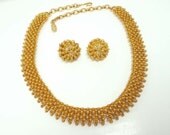 Vintage Signed Coro Gold Tone Necklace & Clip on Earrings Demi Parure Set