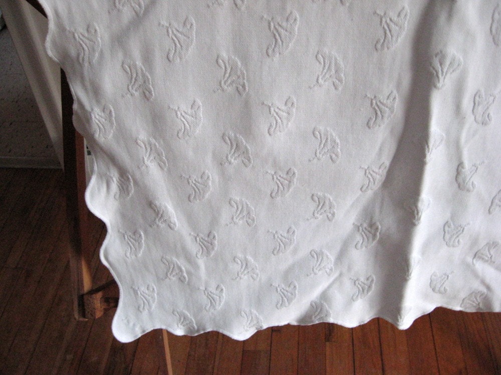 Vintage Bedspread and Matching Sham / Marseille Type Coverlet / Stamped Floral Pattern / White On White / Heirloom Linens