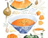 Pumpkin soup recipe Kitchen art Original watercolor painting Food artwork Vegetables Cooking Botanical Orange decor Poster French recipe
