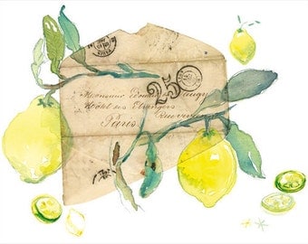 Lemon botanical art print 8X10 poster Fruit illustration Home decor Citrus yellow Watercolor Food artwork Kitchen