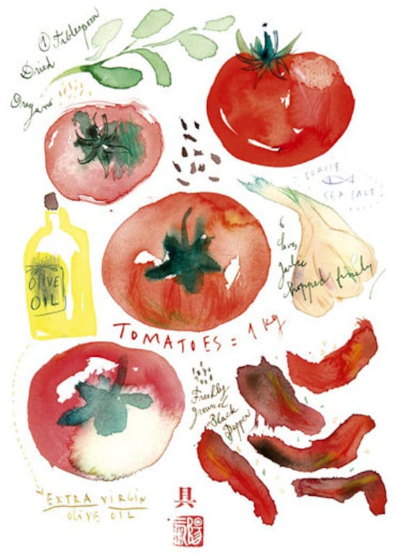 Tomato watercolor painting, illustrated recipe, vegetable 8X10 print, Italian food, Kitchen art, Red botanical Home decor, Cooking poster