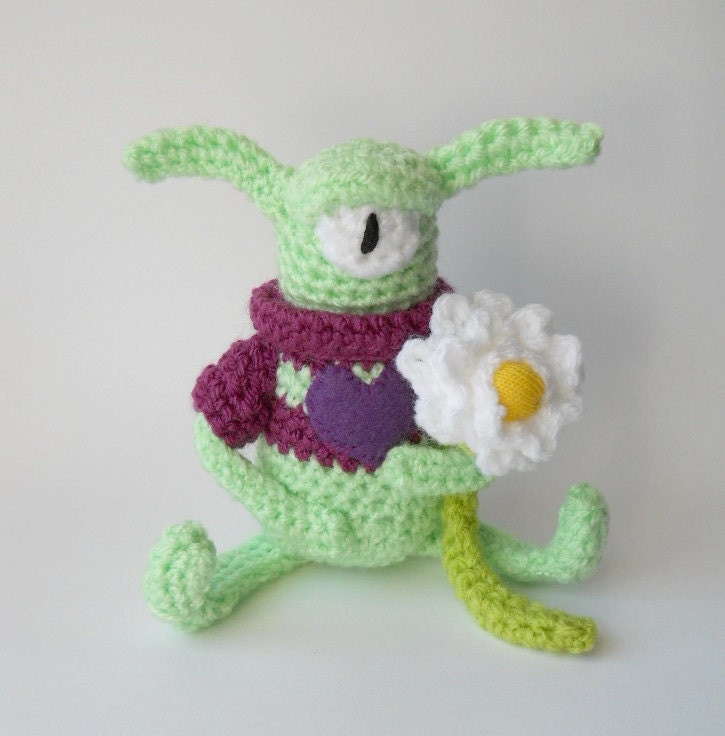 Amigurumi crocheted kawaii alien monster plush crocheted creature soft sculpture called Dempsey